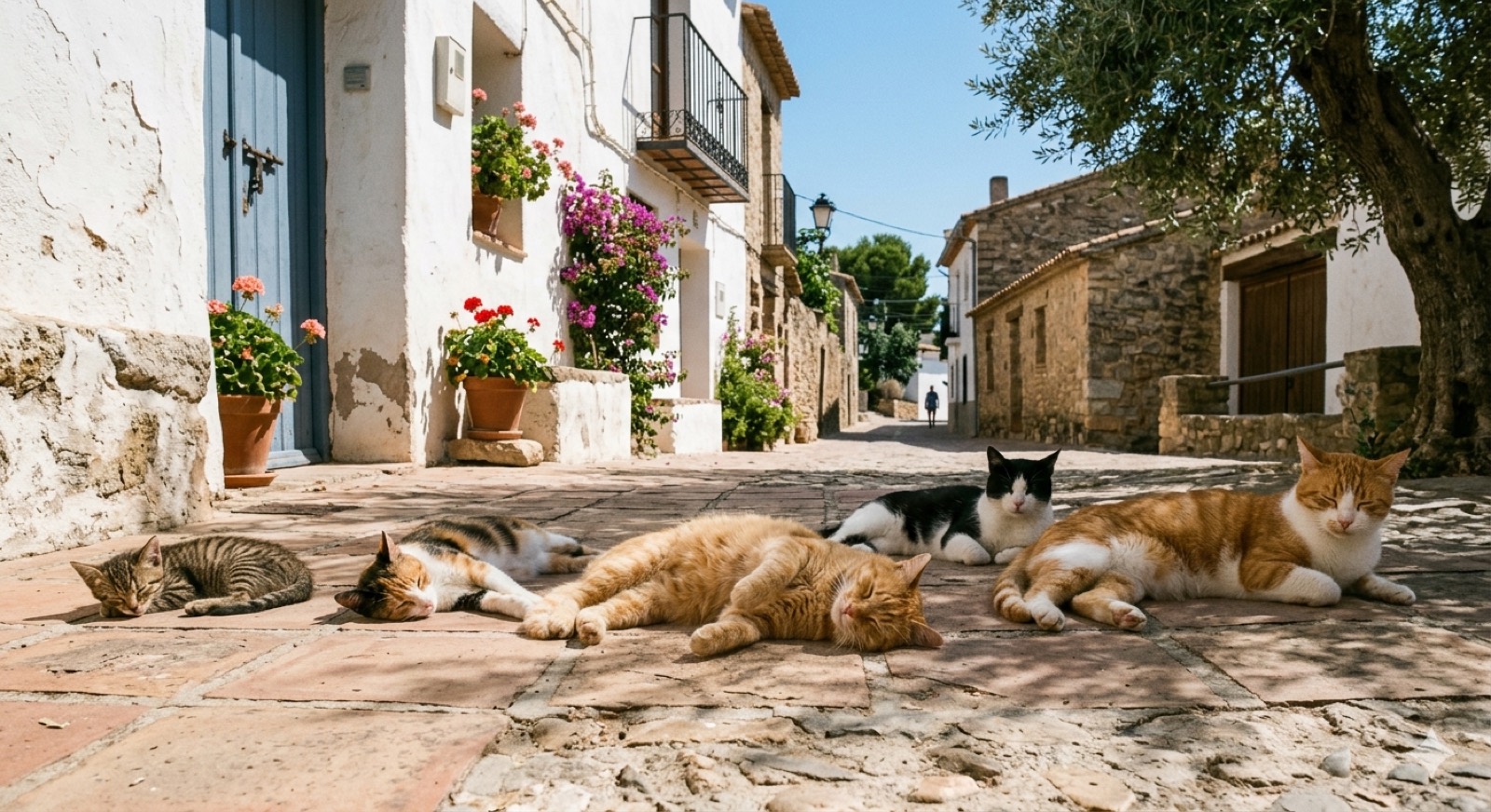 Gatos descansando al sol en una calle de un pueblo español
