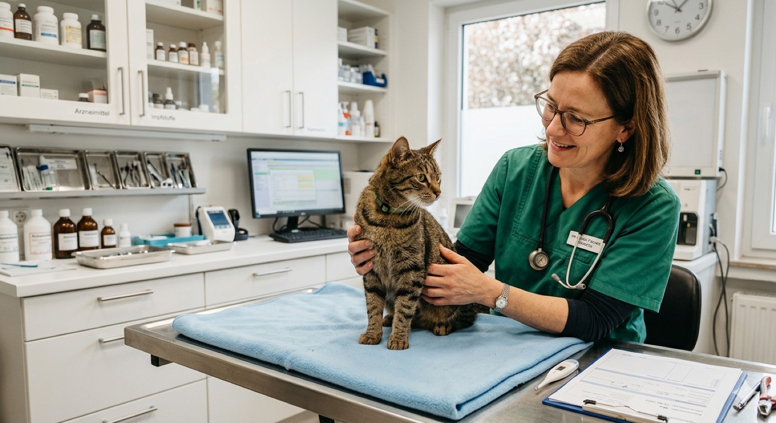 Un gato siendo examinado en la consulta veterinaria