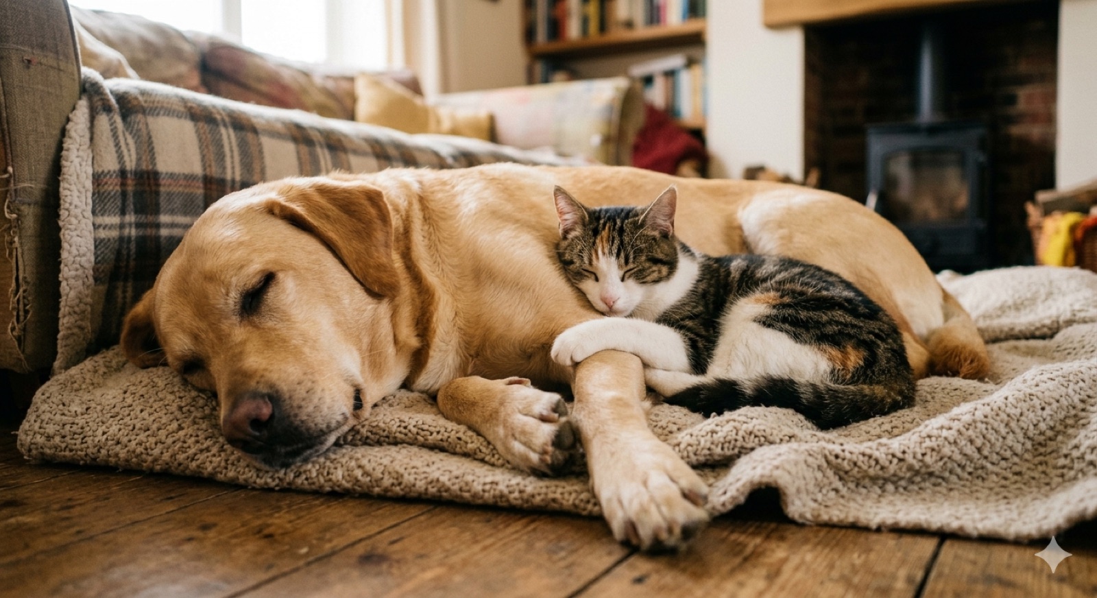 Un perro y un gato descansando juntos en casa